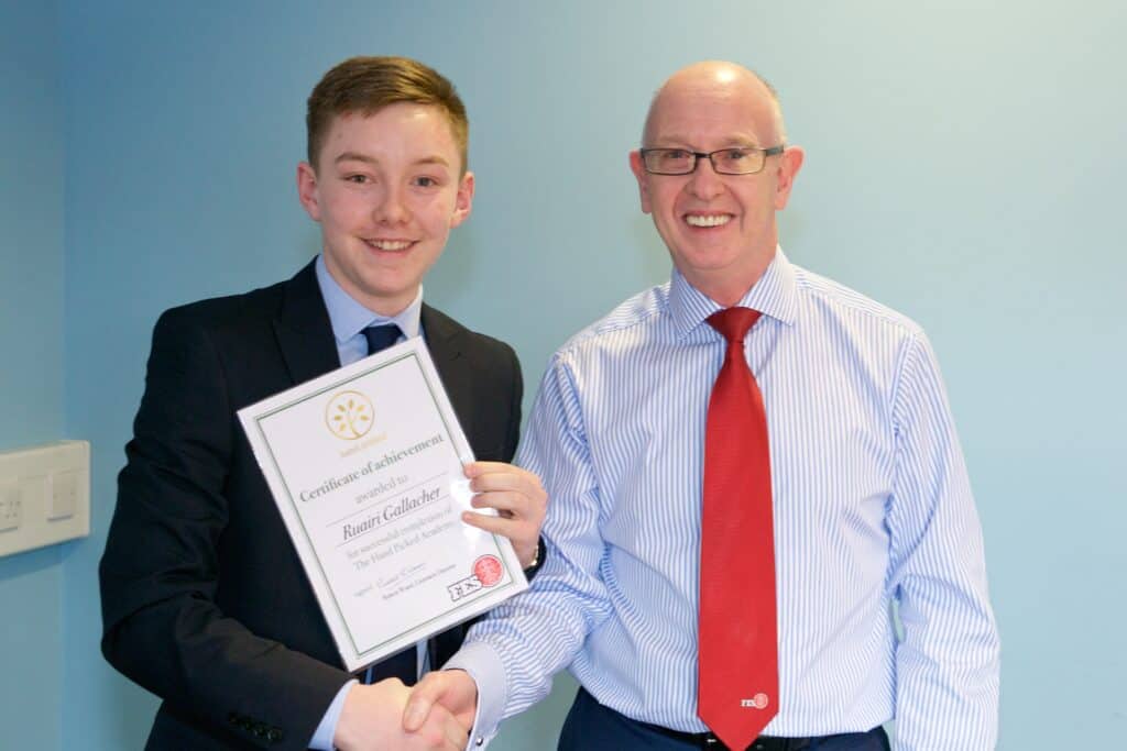 Ruairi Gallagher photographed with Robert Wood at the FES Hand picked academy