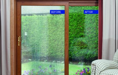 Before and after image of a misted glazed unit in a patio door