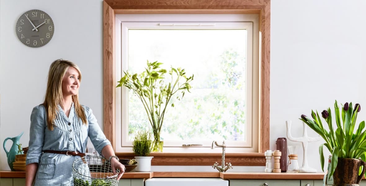 Kitchen window scene - reversible window with American cherry finish