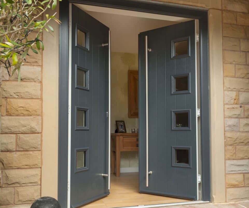 Anthracite grey engineered timber french doors with glazing panels