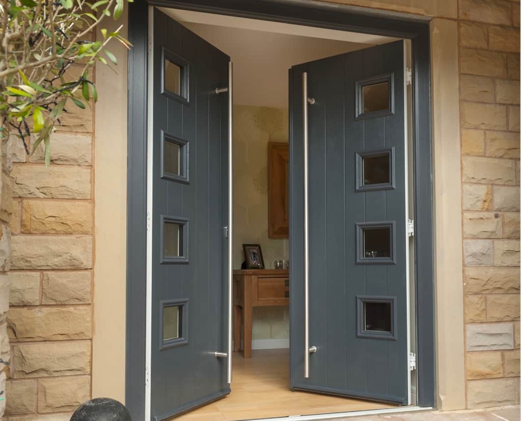 Anthracite grey engineered timber french doors with glazing panels