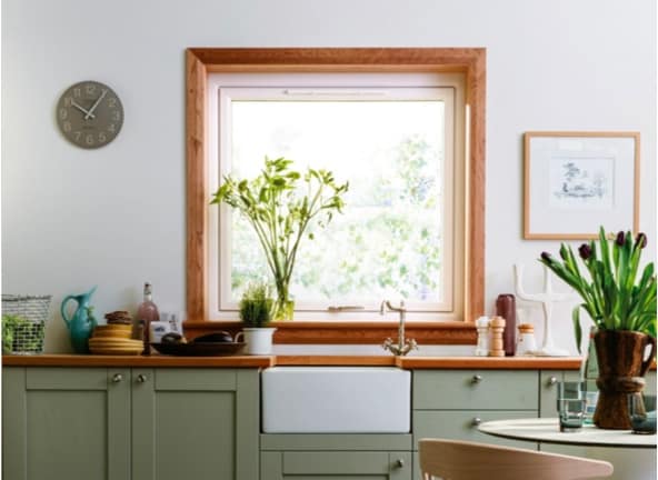 Kitchen scene with Lorimer reversible window - full finish in american cherry timber