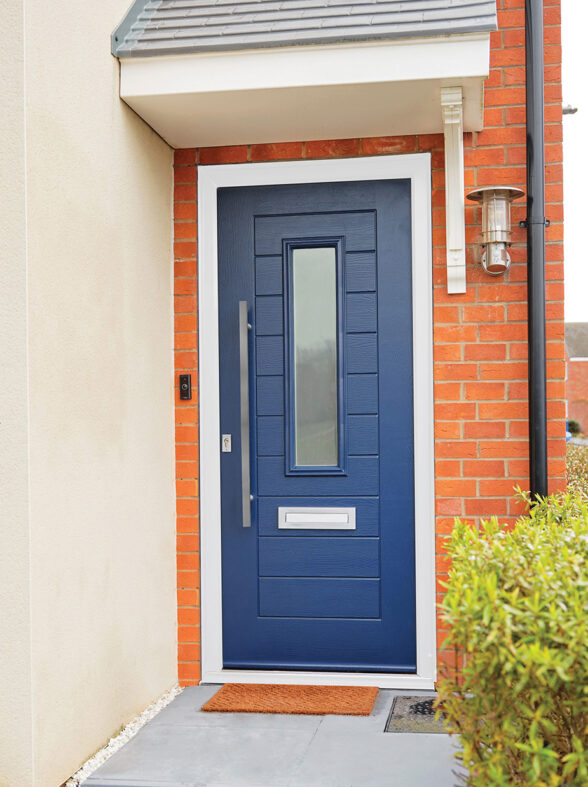 Navy blue, composite door manufactured by TimberLuxe. Complete with sand blasted glass insert and stainless steel bar handle and letter box.