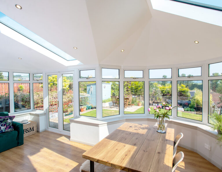 Internal view of a conservatory with a new solid roof