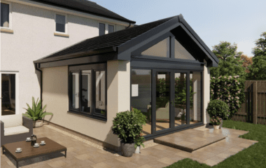 3d visualisation of lorimer gable front sunroom with anthracite grey windows and french doors