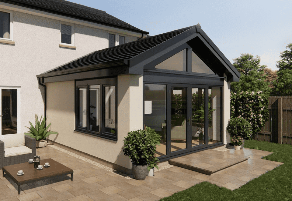 3d visualisation of lorimer gable front sunroom with anthracite grey windows and french doors