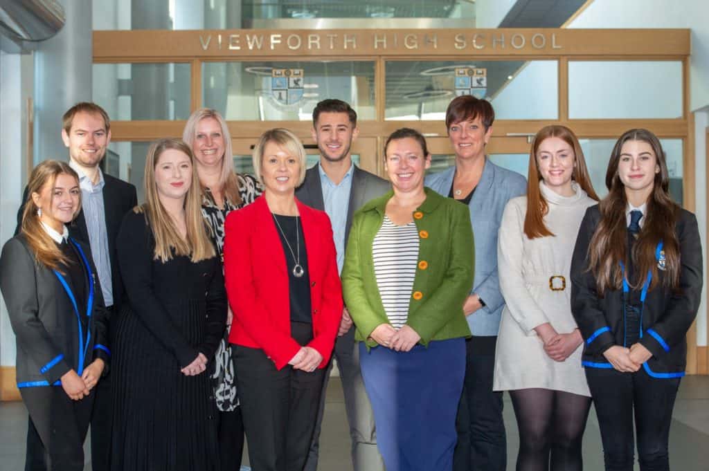 Photo of pupils, teachers and hand picked supporters at viewforth high school