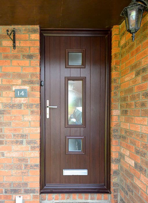 Rosewood engineered timber front door with three window panels