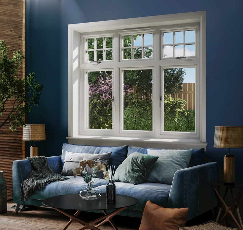 Blue living room with white 3 part casement window with white sills and surrounds