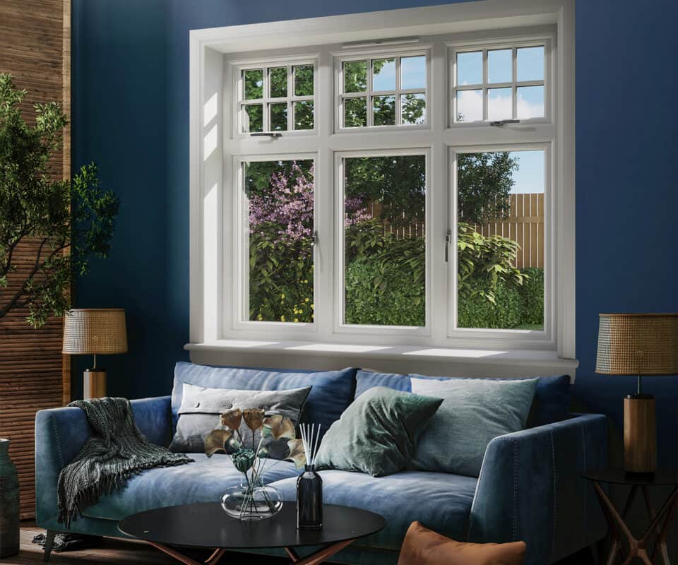 Blue living room with white 3 part casement window with white sills and surrounds