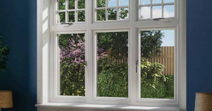 Blue living room with white 3 part casement window with white sills and surrounds