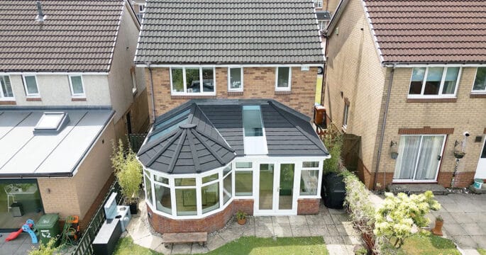 Birds eye view of conservatory with new solid roof