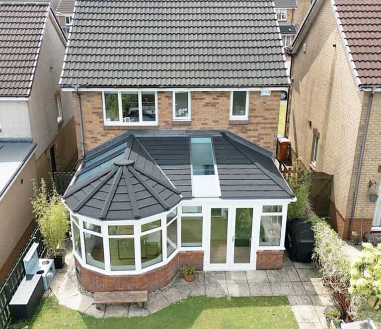 Birds eye view of conservatory with new solid roof