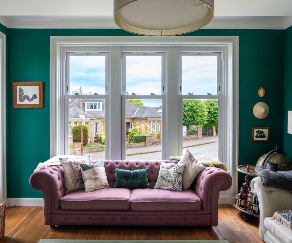 Interior shot of sliding sash double glazing in Glasgow home.