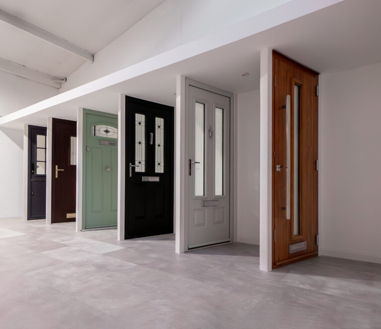CR Smith showroom in Dunfermline, Fife, showcasing the TimberLuxe range of timber engineered doors.