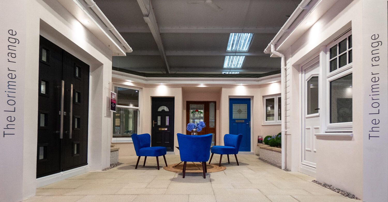 CR Smith showroom in Dunfermline, Fife, showcasing the Lorimer range of uPVC doors.