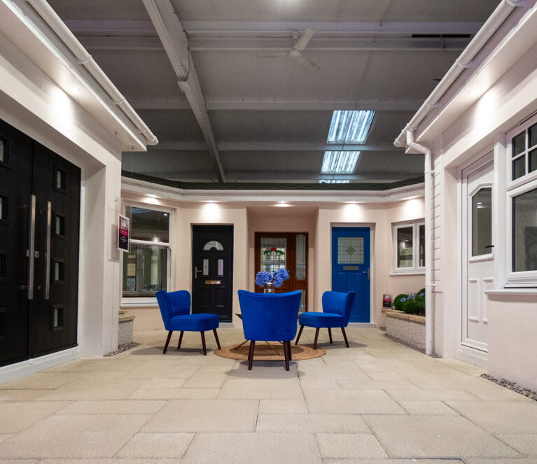 CR Smith showroom in Dunfermline, Fife, showcasing the Lorimer range of uPVC doors.