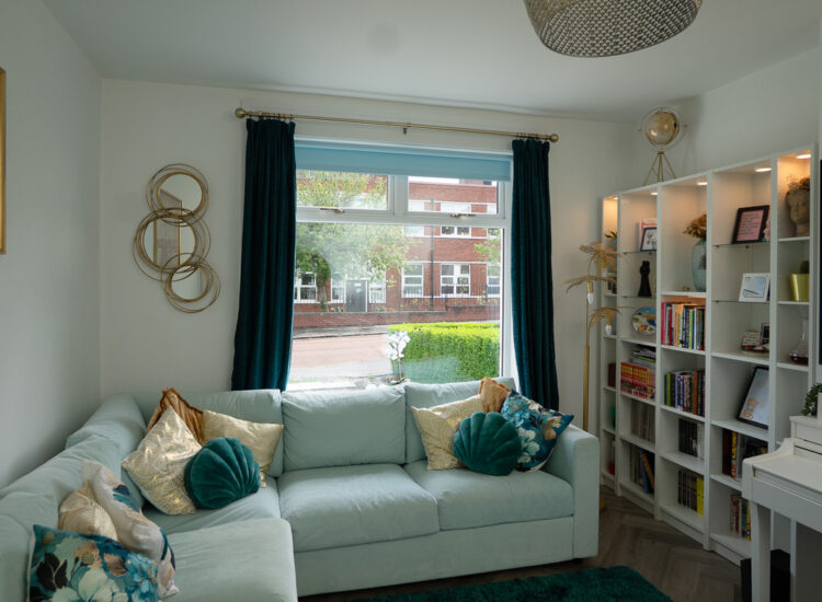 Large lorimer casement window with two top opening sashes in living room
