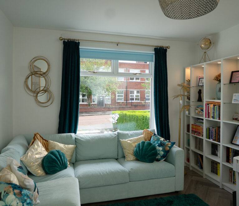 Large lorimer casement window with two top opening sashes in living room