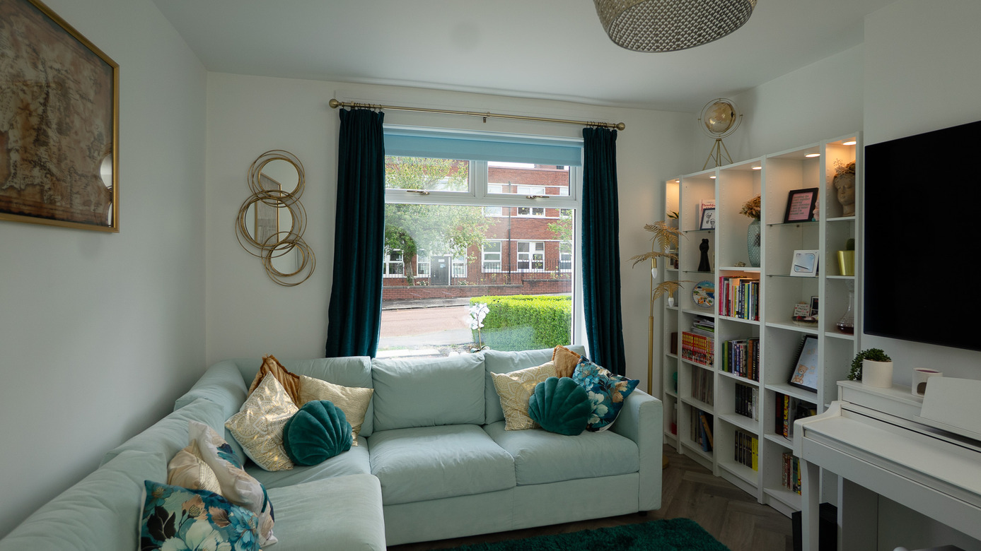 Large lorimer casement window with two top opening sashes in living room