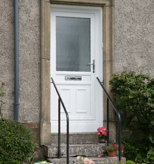 white uPVC Lorimer door complete with fronted glass pane and silver hardware