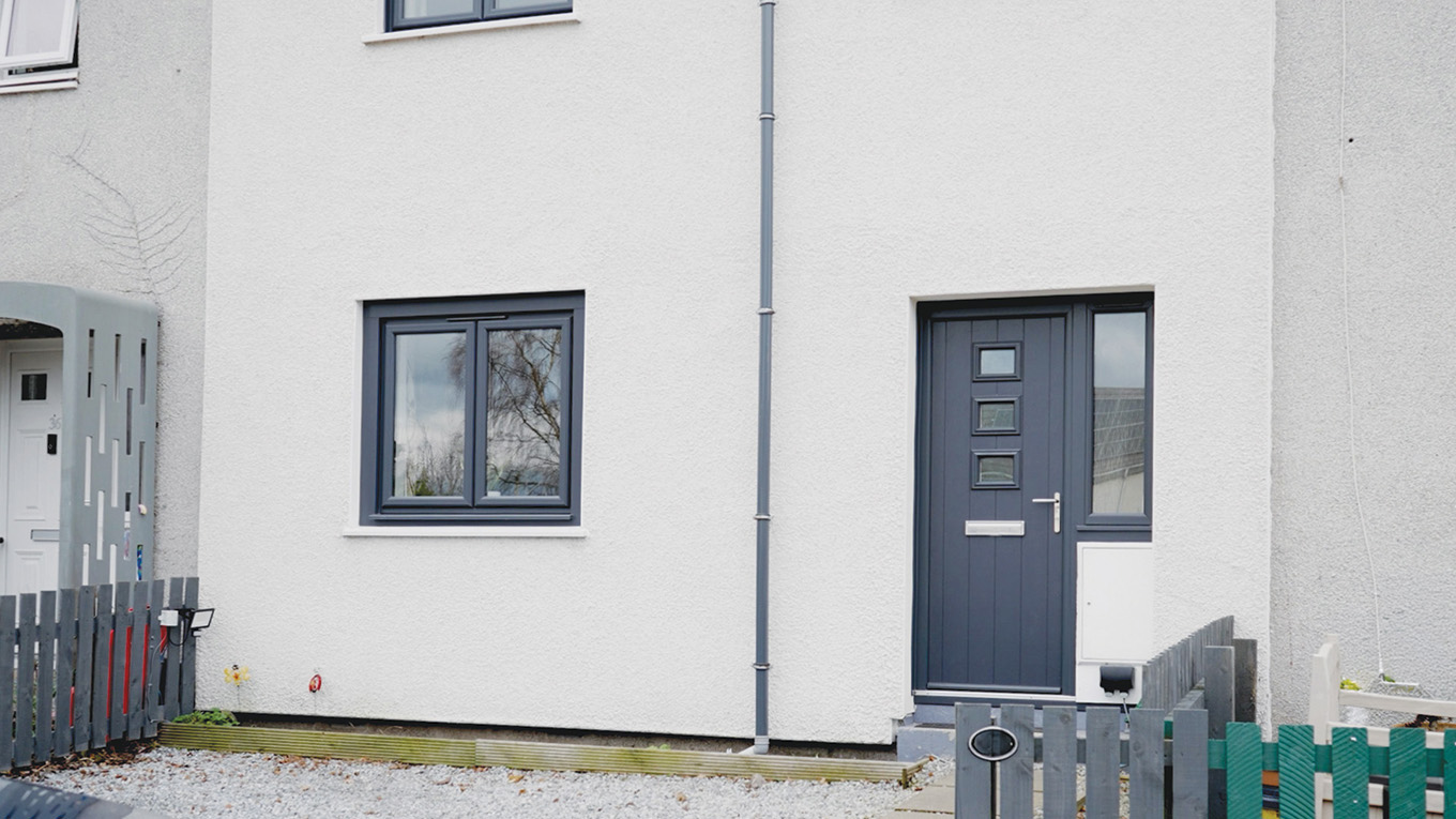 TimberLuxe Hallin door and casement windows front exterior